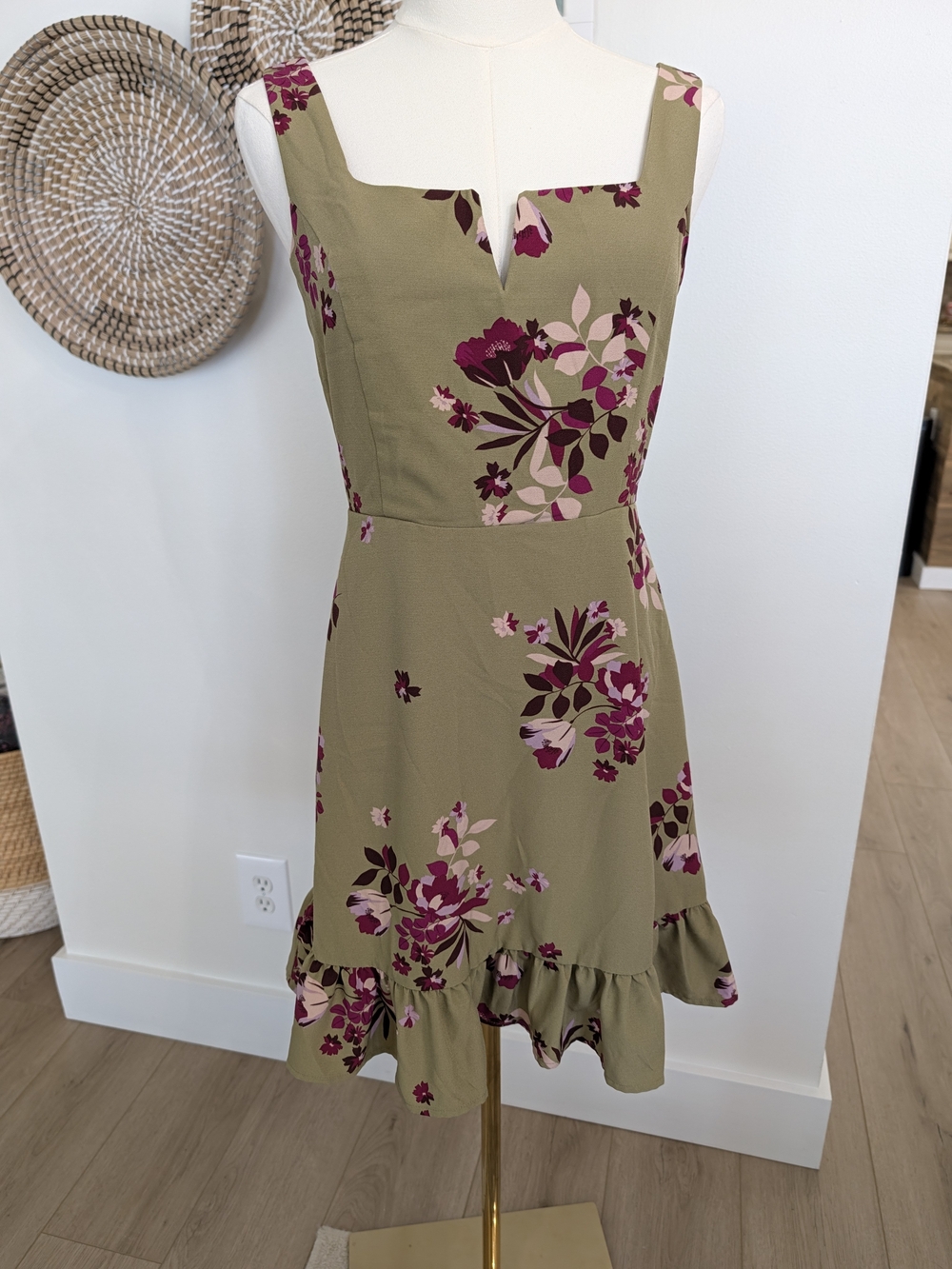 The Commons Olive Green Floral Smocked Ruffle Hem Mini Dress Size M P